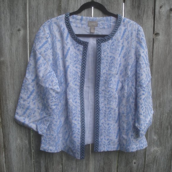 Chico's Jackets & Blazers - SOLD Chico’s Jacket Embroidered Blue-White Ribbon Trim Open Style Large